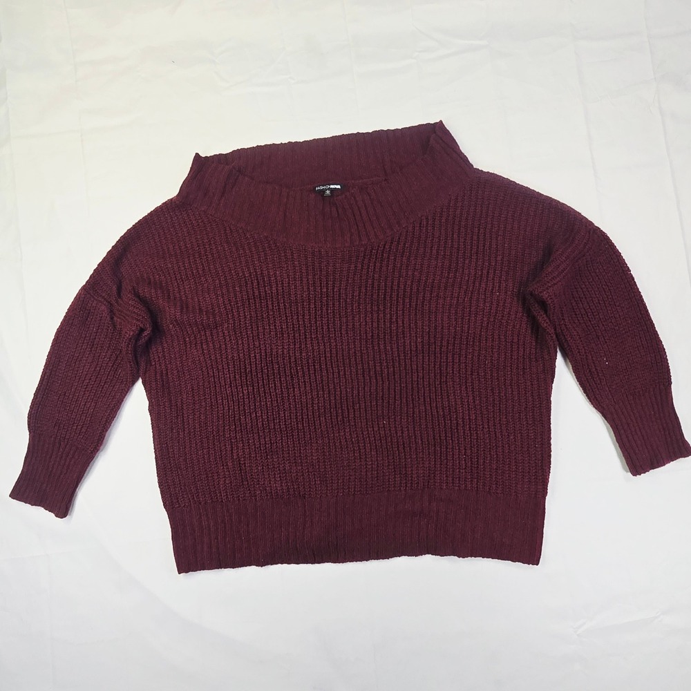Fashion Nova Off Shoulder Sweater Women L Burgundy Ribbed Knit Slouchy Pullover